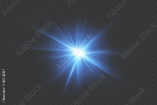 Blue glowing light explodes with shining rays and lens flares. On a transparent background