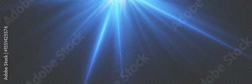 Blue glowing light explodes with shining rays and lens flares. On a transparent background