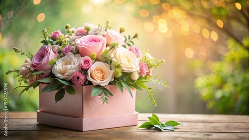 A delicate pink box with a lush flower bouquet