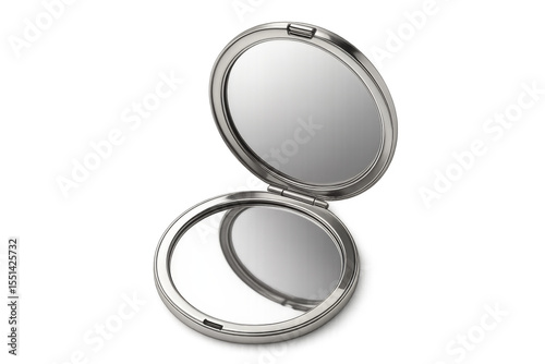 Open round pocket mirror reflecting on transparent background