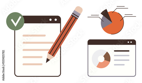Checklist with a pencil, pie chart, and data charts representing analysis, reports, and productivity. Ideal for teamwork, planning, communication, education task management workflow and organized