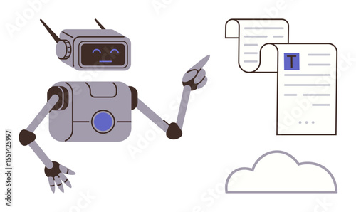 Robot interacting with digital documents and pointing at cloud storage. Ideal for automation, technology, artificial intelligence, digital organization, document management, workflow, innovation. A