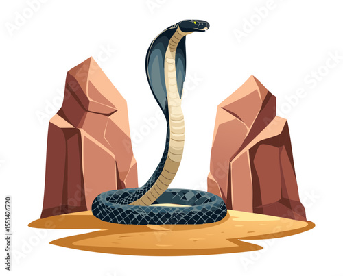 Black Cobra Snake Standing Tall on Rocks