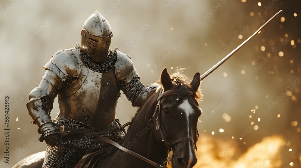 Fototapeta premium Powerful Charging Knight in Full Armor on Horseback Ready for Battle