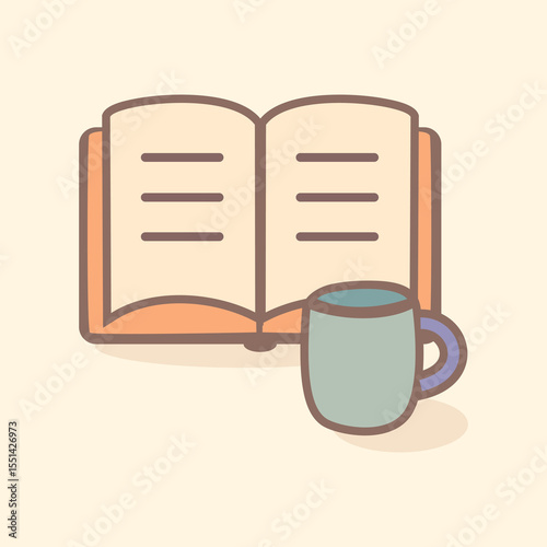 Cozy reading icon with open book and tea mug, relaxing bedtime illustration for self-care, evening habits, and calm night ritual graphics