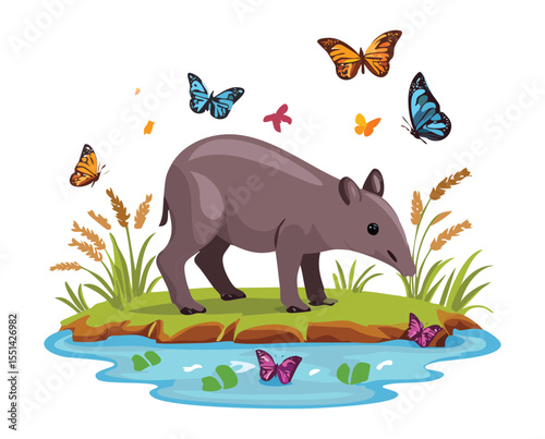 Tapir with Butterflies by Peaceful Pond