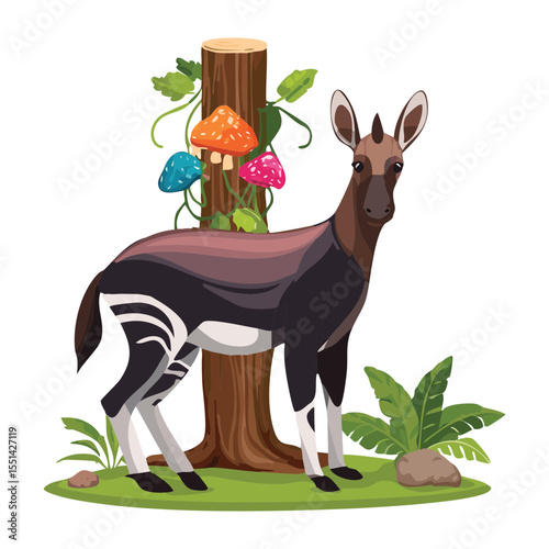 Okapi Next to Mushroom Covered Tree Stump