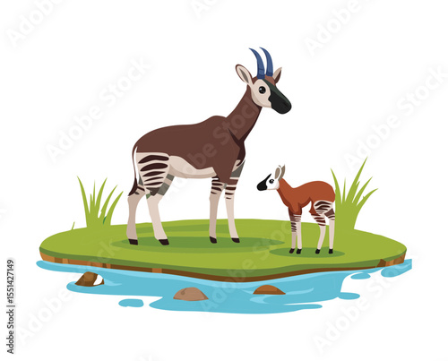 Okapi Mother and Calf in Lush Landscape