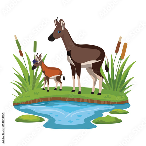 Okapi Family by Pond with Reeds