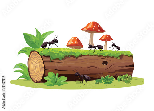 Ants Exploring Log with Various Mushrooms