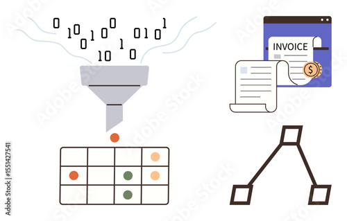 Binary data stream flowing into a funnel, generating outputs in a table, linked to an invoice and decision tree. Ideal for data analysis, finance, automation, AI, decision-making, business machine