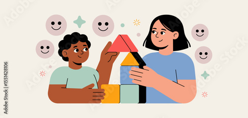 child therapist playing with building blocks with young patient, vector illustration for children's mental health, play therapy session and developmental psychology support