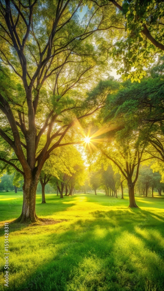 Obraz premium Soft sunlight filtering through trees on a green meadow