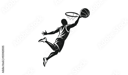 Silhouette of a basketball player executing a powerful slam dunk on a white background