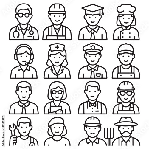 Essential professions and diverse job roles avatars icon set. careers, jobs, workplace, service, 
education, occupations, employment, workforce vector