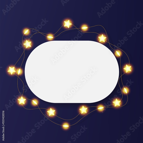 Horizontal oval picture frame, decorated with light bulb wreath string. White photo plate vector 3d rounded board, paper poster card on dark bg with festive star garland decor. Product podium top view