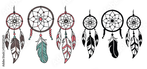 A collection of decorative stylized dreamcatcher illustrations with feathers and beads in several different color variations.