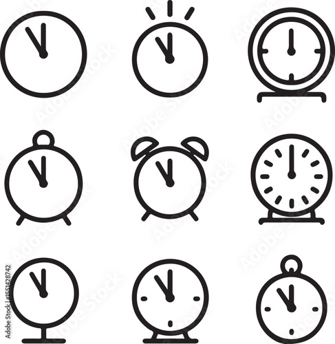 Midnight Clock Outline Icons Set for New Year and Time Concepts