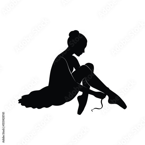 Ballet dancer silhouette ballerina tying pointe shoes elegant black and white vector illustration