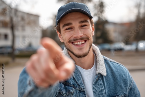 Cheesy Smile. Cheerful Man Pointing at Camera Outdoors
