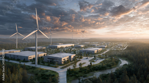 Aerial view of industrial park with wind turbines at sunset 1
