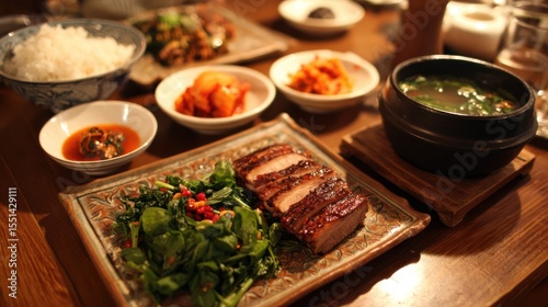 Asian meal with rice, meats, and sides