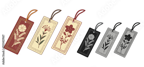 An illustration showcasing six elegantly designed floral bookmarks with varied colors and botanical themes for reading and learning.