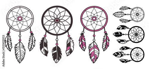 Artistic vector illustration showcases a diverse collection of elegant dream catcher designs with decorative feathers.