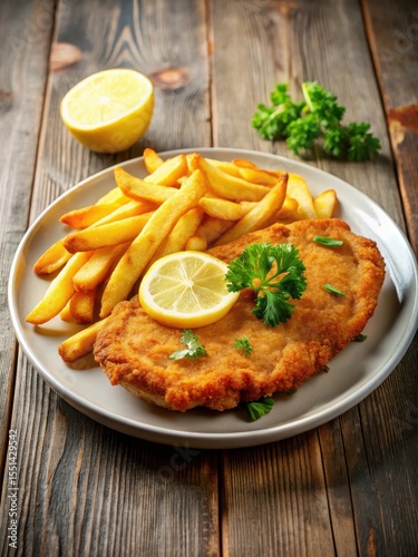 Wiener Schnitzel auf Teller mit Zitronenscheibe und Pommes frites
