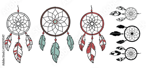 Beautiful hand-drawn collection of dreamcatcher illustrations in different styles and colors for design use and inspiration