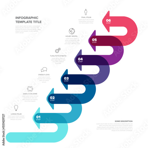 A vibrant infographic featuring a step-by-step design with arrows in gradient colors. Each step is labeled numerically from 1 to 6, paired with text placeholders for customization.