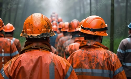 Workers group in orange uniforms walking on rainy day animation video, ai generated. Firefighters team outdoors rear view animated footage clip seamless HD motion graphics. Difficult job concept