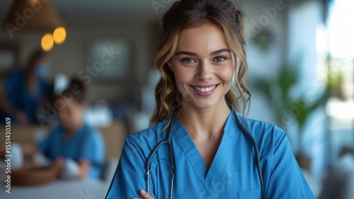 Smiling caucasian female doctor in hospital animation video, ai generated. Young friendly nurse in healthcare facility animated footage clip seamless HD motion graphics. Medicine worker concept