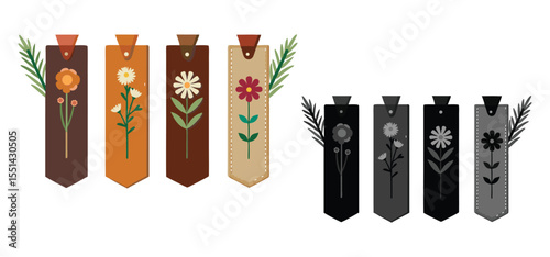 Decorative floral bookmarks with various flower designs in colorful and monochrome styles for artistic book reading