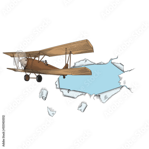 A propeller plane flies through a paper tear