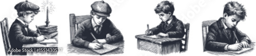 Halftone stipple effect vector bundle design of a schoolboy with hat sitting at desk, black color engraving style illustration, detailed dot shading, vintage school scene artwork