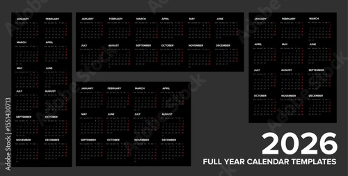 Four different black layouts of full 2026 calendar templates ready to print on your products. Simple minimalistic 2026 calendar layouts design templates.