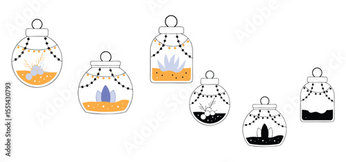 Elegant terrariums with decorative elements and fairy lights in a minimalist line art illustration for design purposes