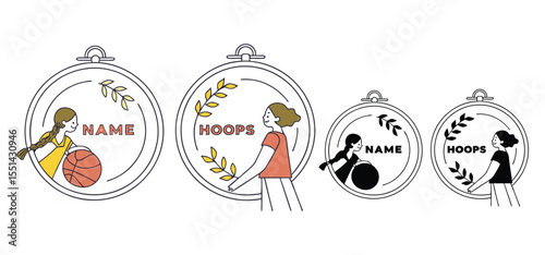 Hand drawn basketball logos with name and hoops text emphasizing female athlete participation and sports branding