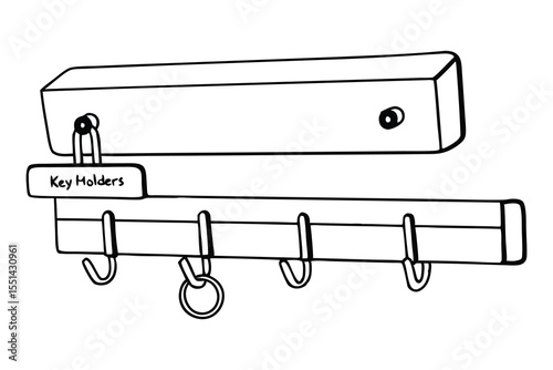 Hand drawn illustration of a key holder with a label indicating it is for holding keys hanging on hooks.