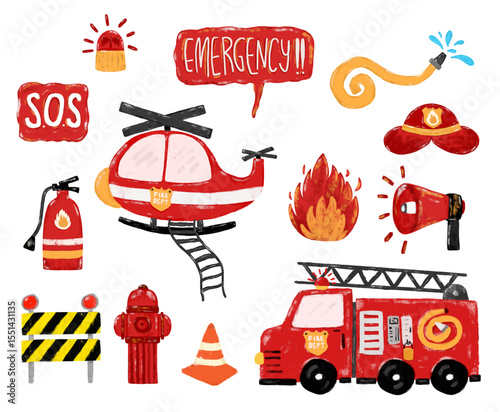 Cute set of red fire engine truck fireman firefighter icons clipart doodle watercolor crayon kids illustration in bright vibrant colors vector collection elements