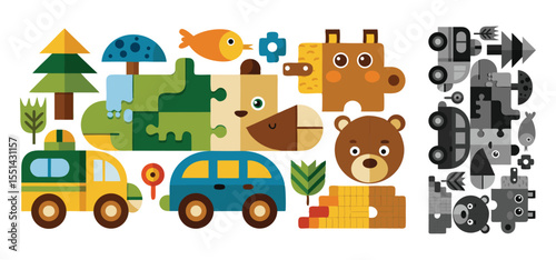 Playful and vibrant flat design illustration of various animal puzzles, transport, and nature elements on white.