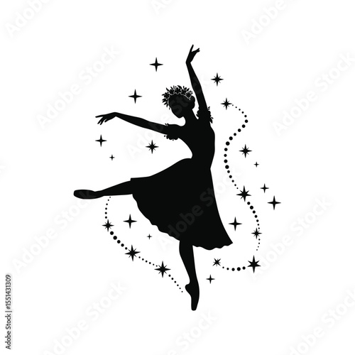 Ballet dancer silhouette with stars magical ballerina illustration dance art elegant pose