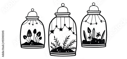 Three black and white stylized terrariums with plants mushrooms and stars vector illustration perfect for design elements.
