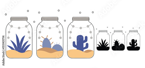 Vector illustration of terrariums with cactus and succulent plants in decorative glass jars with sand and gravel