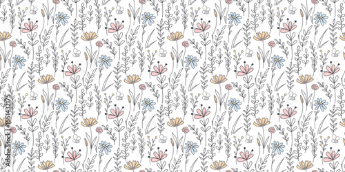 Botanical wildflower seamless pattern. Rustic background with flowers, herbs and twigs doodle sketch style. Cottagecore print for textile, fabric, paper, wallpaper, vector graphics