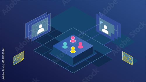 Isometric Virtual Meeting Room With Holographic - Futuristic Isometric Illustration