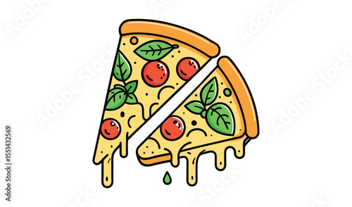 Two slices of delicious cartoon pizza with melting cheese and basil leaves
