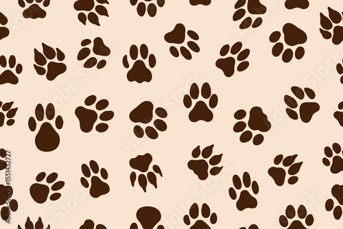 Pet paws seamless pattern, dog or cat paw print texture, foot print wallpaper on pink background. Brown pet paw silhouettes. Abstract paw wallpaper. Vector