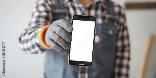Foreman holding a phone displaying a blank screen in a hand wearing gloves, designed for showcasing home repair or construction projects with copy space image.